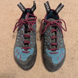 Blue and Black Climbing Shoes with Red Laces
